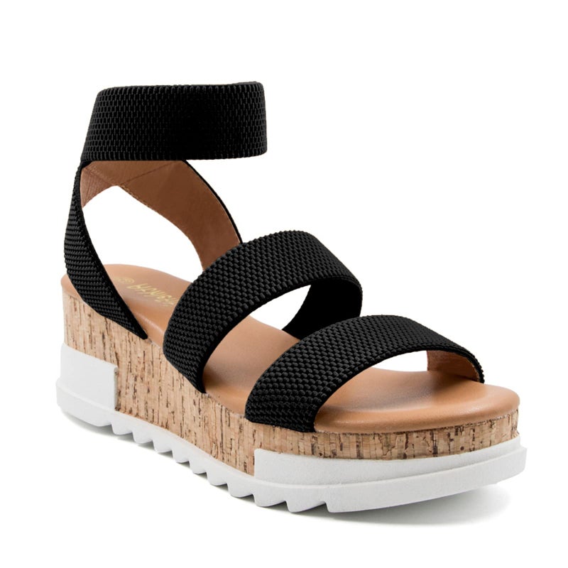 Athlefit Women's Casual Cork Platform Wedge Sandals Open Toe Elastic Ankle Strap Flatform Sandals for Summer, Black, Size 11, AD00102 - Image 1